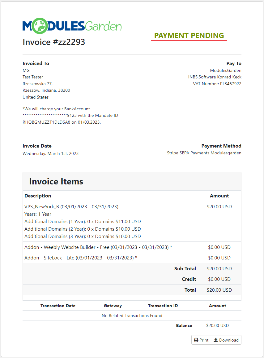 Stripe SEPA Payments For WHMCS: client area invoice marked Payment Pending with Stripe SEPA payment method and charge