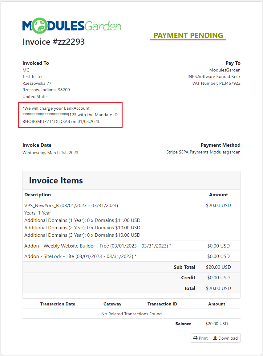 Stripe SEPA Payments For WHMCS: invoice preview marked Payment Pending with the charge message and mandate ID