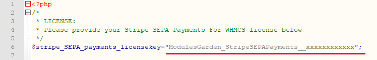 Stripe SEPA Payments For WHMCS: license.php open in an editor with the license key between quotation marks