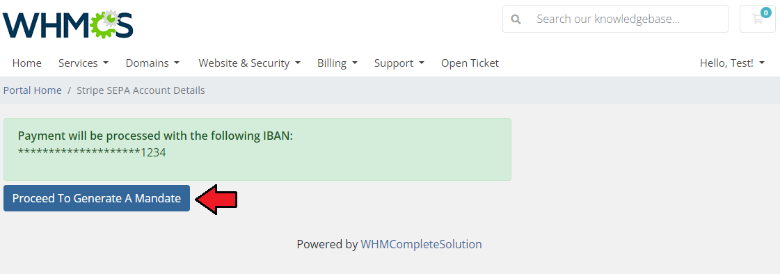 Stripe SEPA Payments For WHMCS: client area page with a masked IBAN and the Proceed To Generate A Mandate button