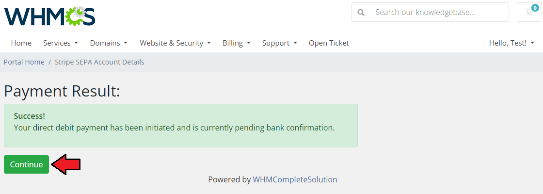Stripe SEPA Payments For WHMCS: client area Payment Result page with a pending direct debit message and Continue button