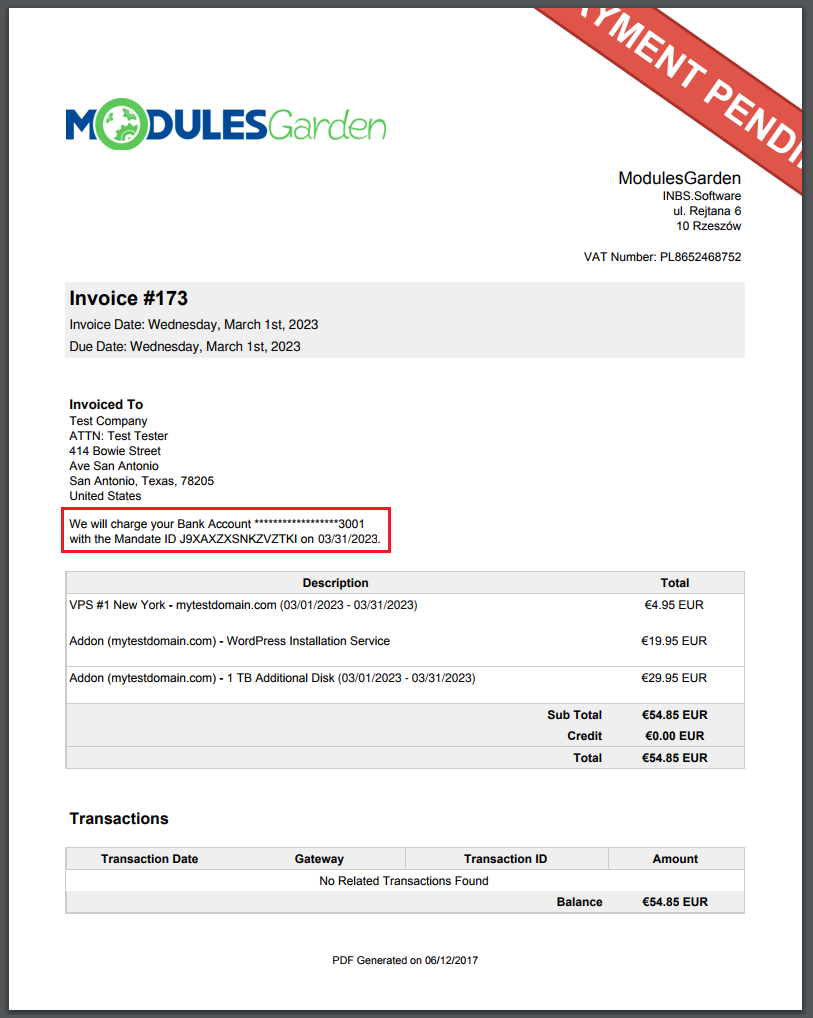 Stripe SEPA Payments For WHMCS: PDF invoice with the bank account charge message and mandate ID highlighted