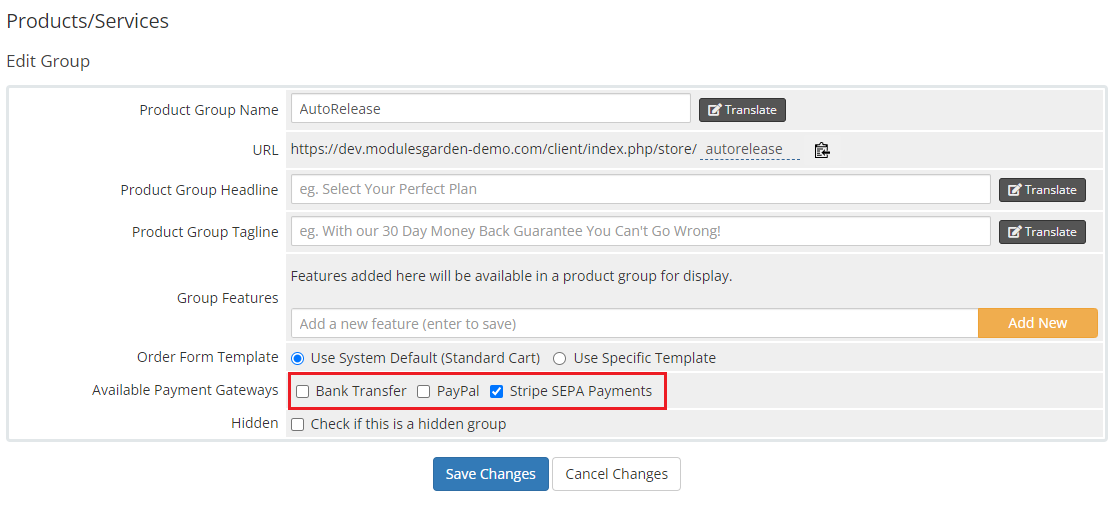 Stripe SEPA Payments For WHMCS: WHMCS Edit Group page with Stripe SEPA Payments ticked in Available Payment Gateways