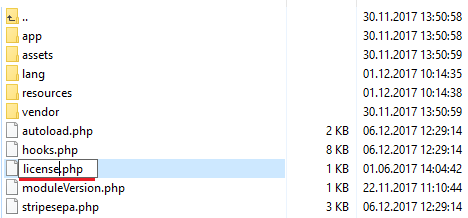 Stripe SEPA Payments For WHMCS: file manager with the license file being renamed to license.php