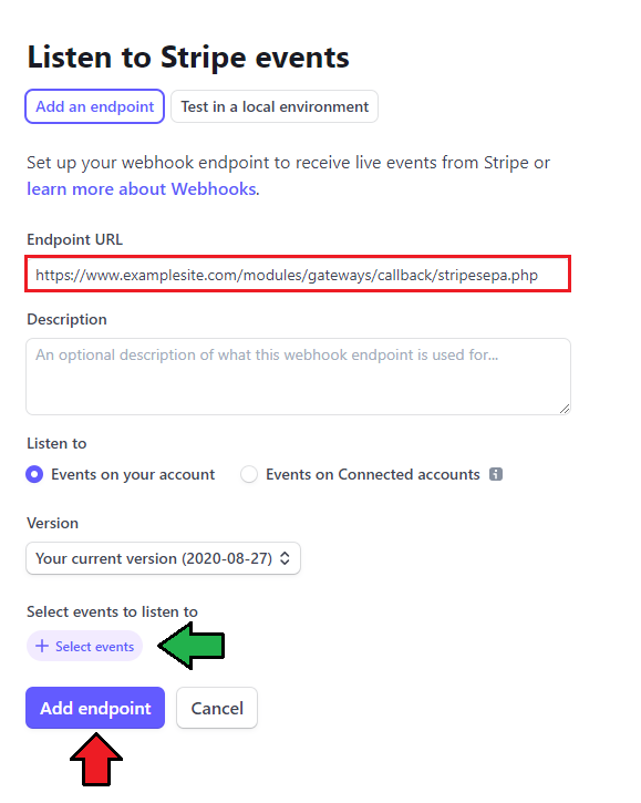 Stripe SEPA Payments For WHMCS: Stripe Add an endpoint form with Endpoint URL, Select events and Add endpoint buttons