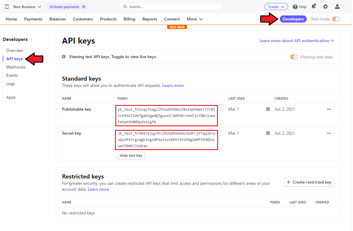 Stripe SEPA Payments For WHMCS: Stripe dashboard API keys page with Publishable and Secret keys highlighted
