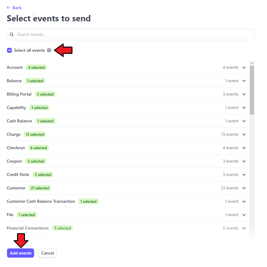 Stripe SEPA Payments For WHMCS: Stripe Select events to send list with Select all events checked and Add events button