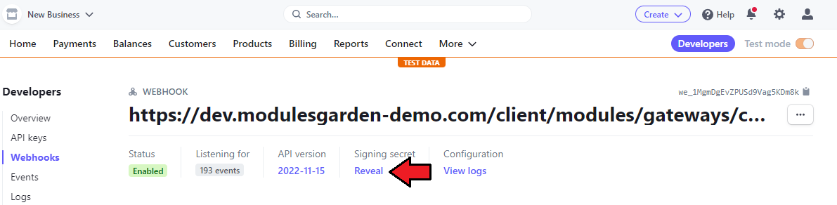 Stripe SEPA Payments For WHMCS: Stripe webhook details with the Reveal link next to the Signing secret
