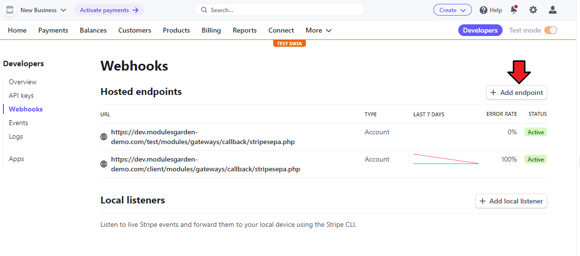 Stripe SEPA Payments For WHMCS: Stripe dashboard Webhooks page with the Add endpoint button