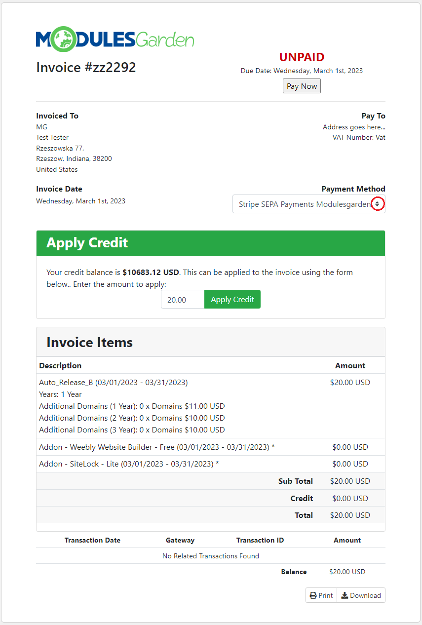 Stripe SEPA Payments For WHMCS: client area unpaid invoice with Stripe SEPA Payments in the payment method dropdown
