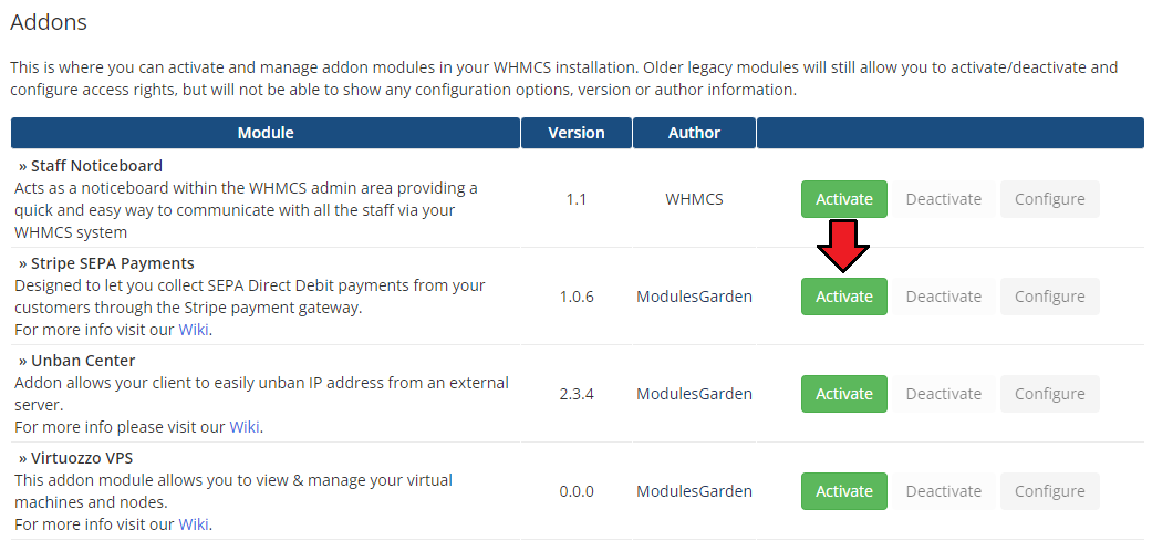 Stripe SEPA Payments For WHMCS: WHMCS Addons list with the Activate button next to Stripe SEPA Payments