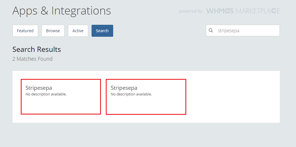 Stripe SEPA Payments For WHMCS: WHMCS Apps and Integrations search for stripesepa showing two matching gateway entries