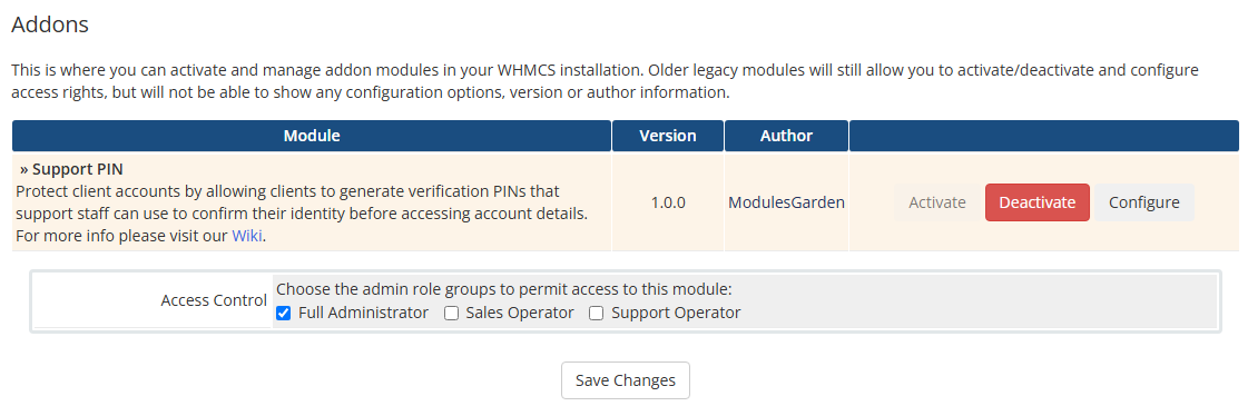 Support PIN For WHMCS: Addons list with Support PIN activated and Full Administrator ticked under Access Control