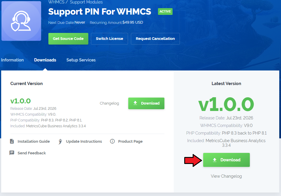 Support PIN For WHMCS: client area product page, Downloads tab, with the Download button for the latest version
