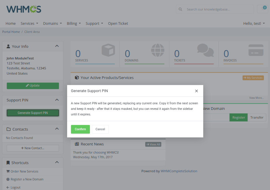 Support PIN For WHMCS: client area Generate Support PIN confirmation dialog with Confirm and Cancel buttons