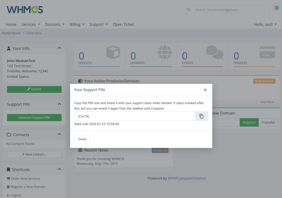 Support PIN For WHMCS: client area Your Support PIN dialog with the new PIN, copy button and expiration date