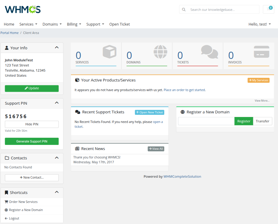 Support PIN For WHMCS: client area sidebar with the PIN, Hide PIN button, countdown to expiry and Generate Support PIN