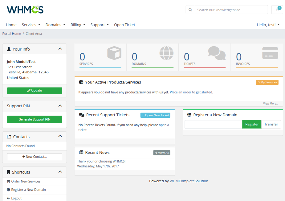 Support PIN For WHMCS: client area home page with the Support PIN sidebar panel and Generate Support PIN button