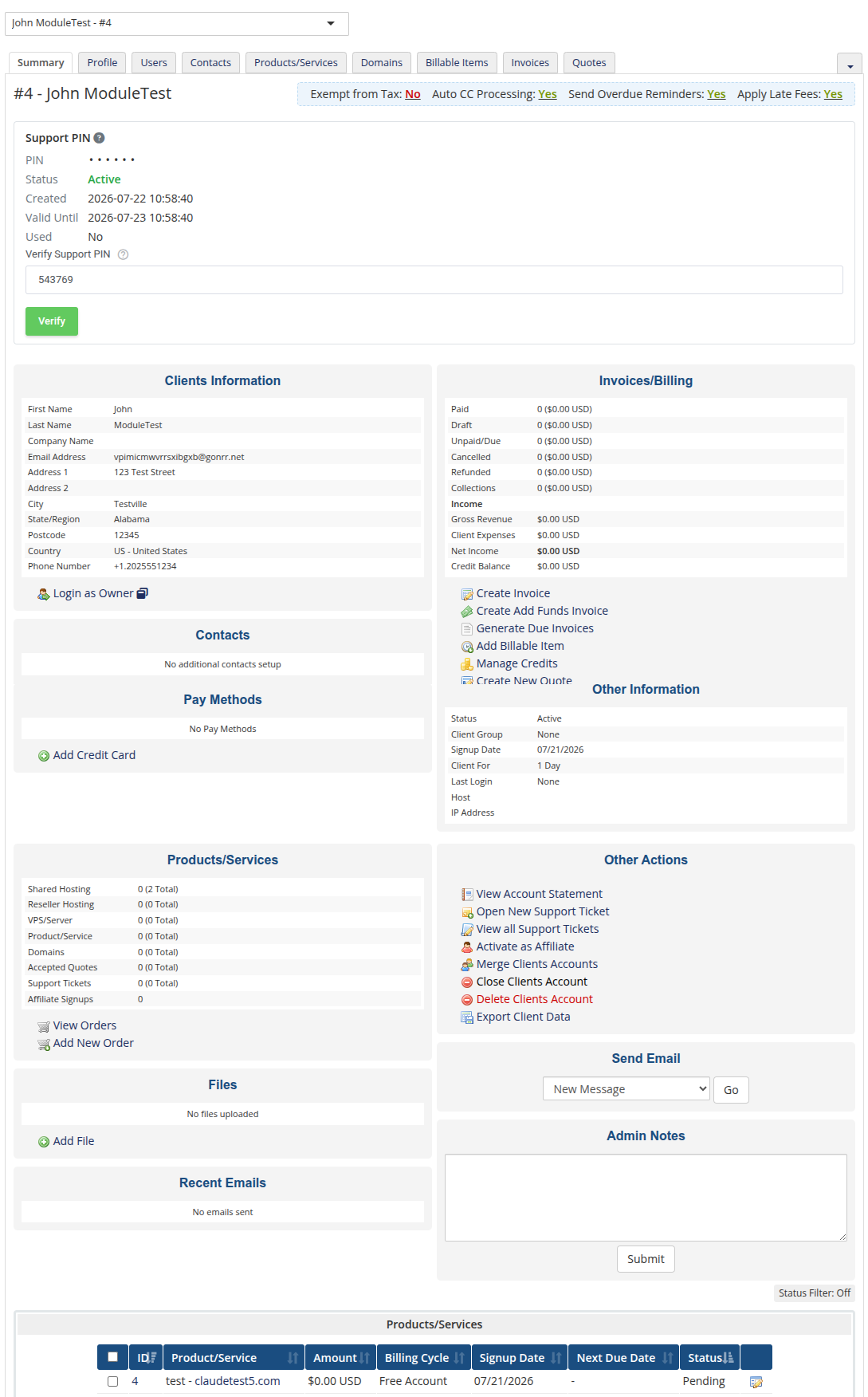 Support PIN For WHMCS: client Summary page with a PIN typed in the Verify Support PIN field and the Verify button