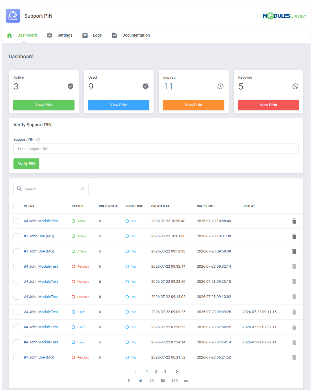 Support PIN For WHMCS: Dashboard with Active, Used, Expired and Revoked counters, each with a View PINs button