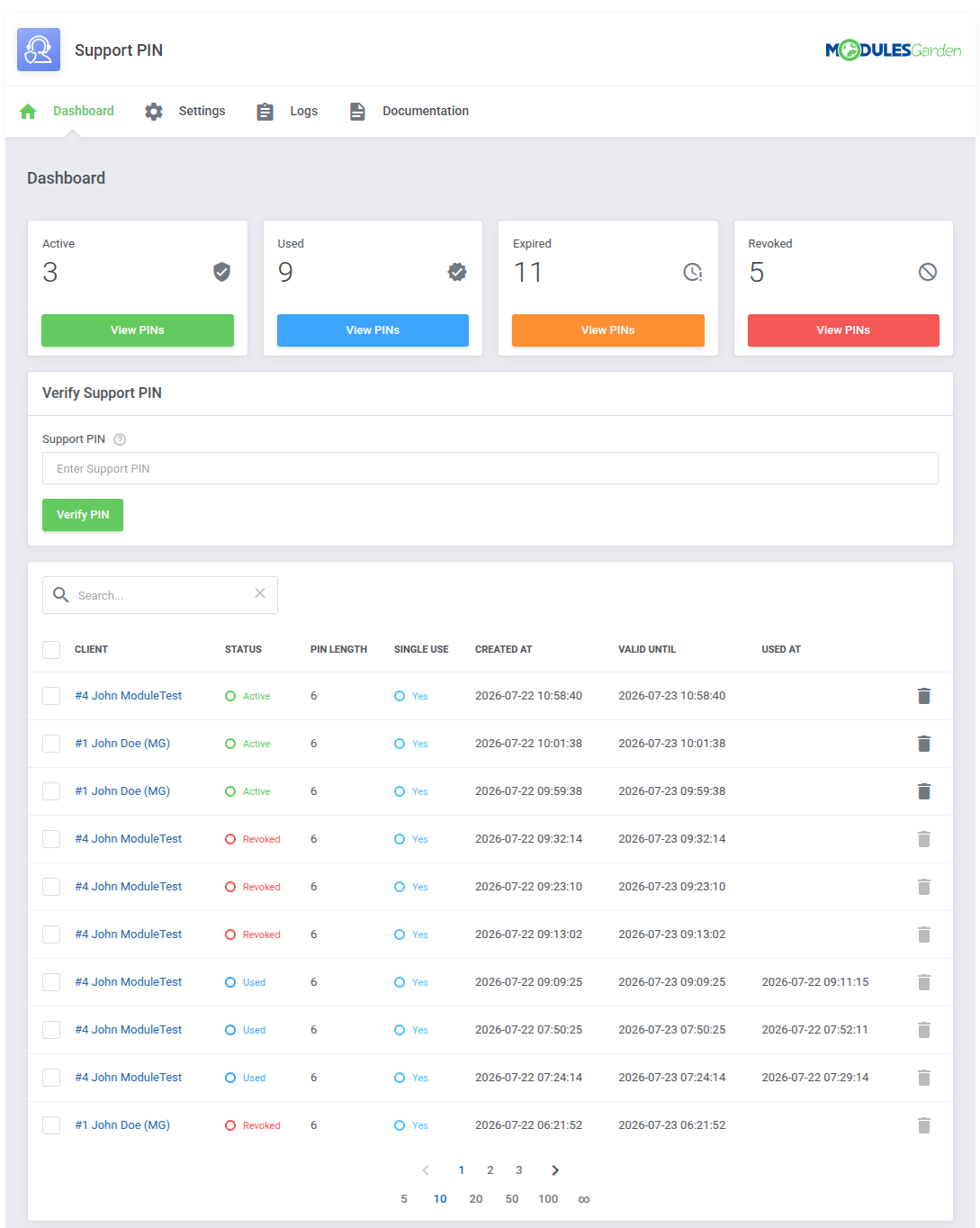 Support PIN For WHMCS: Dashboard table of PINs with a trash icon on each row to revoke a single PIN