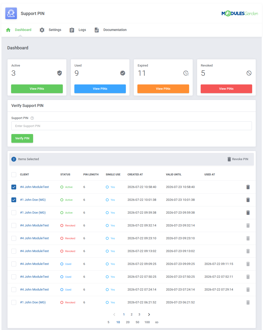 Support PIN For WHMCS: Dashboard table with two PIN rows selected and the Revoke PIN mass action