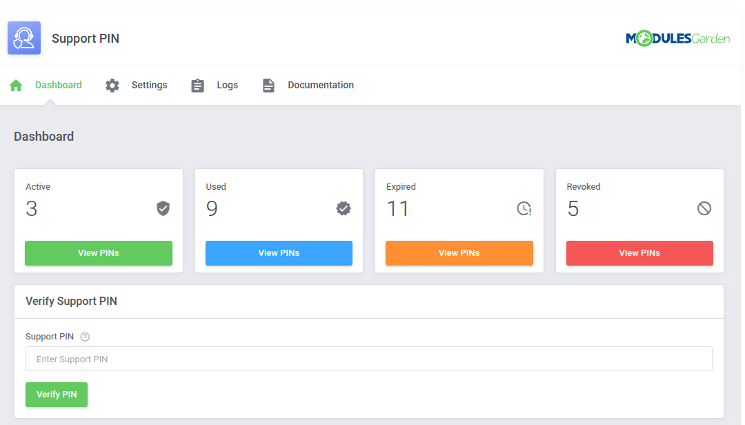 Support PIN For WHMCS: Dashboard counters with the Verify Support PIN field and Verify PIN button