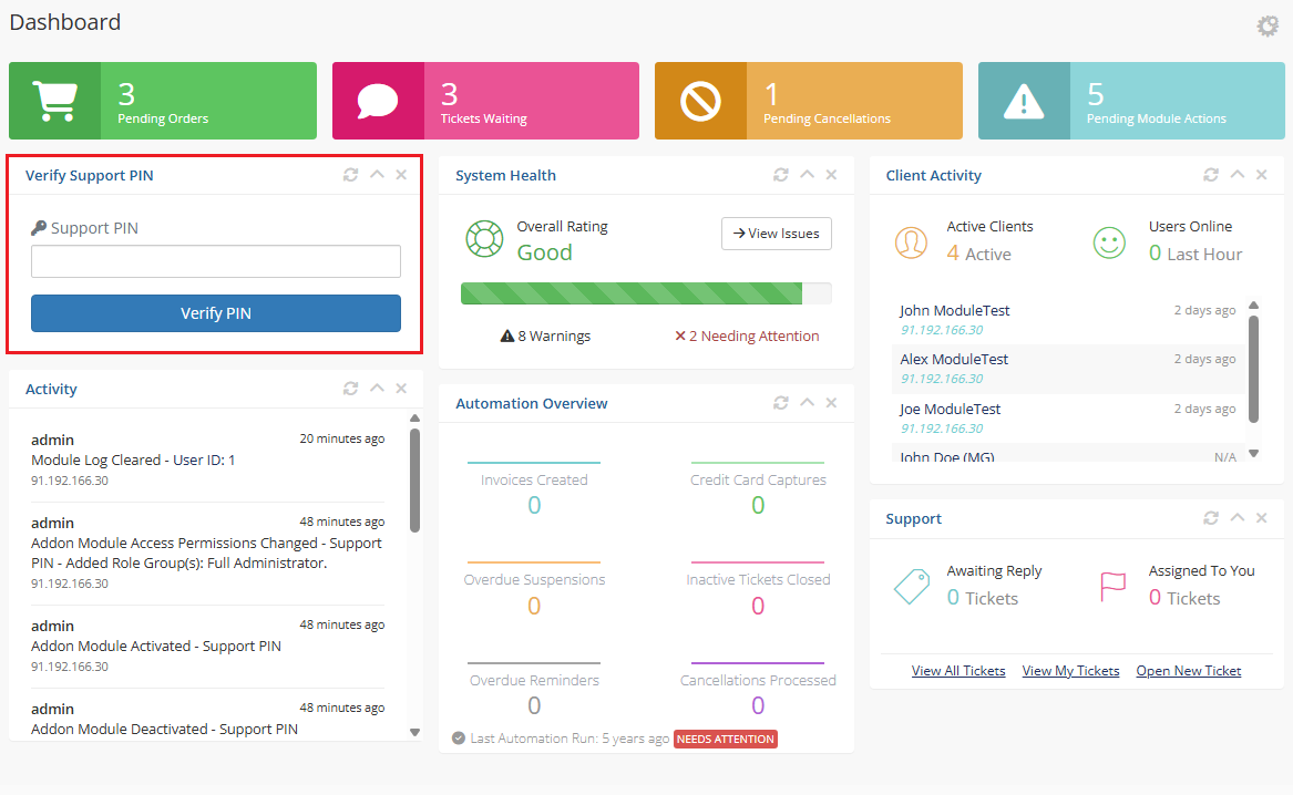 Support PIN For WHMCS: WHMCS admin Dashboard with the Verify Support PIN home widget highlighted