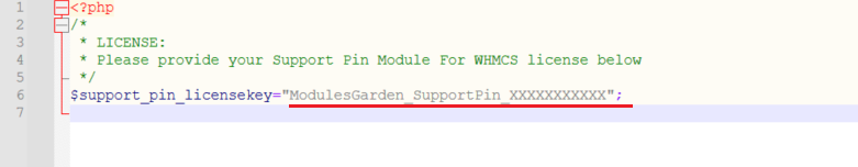 Support PIN For WHMCS: license.php open in an editor with the license key between quotation marks