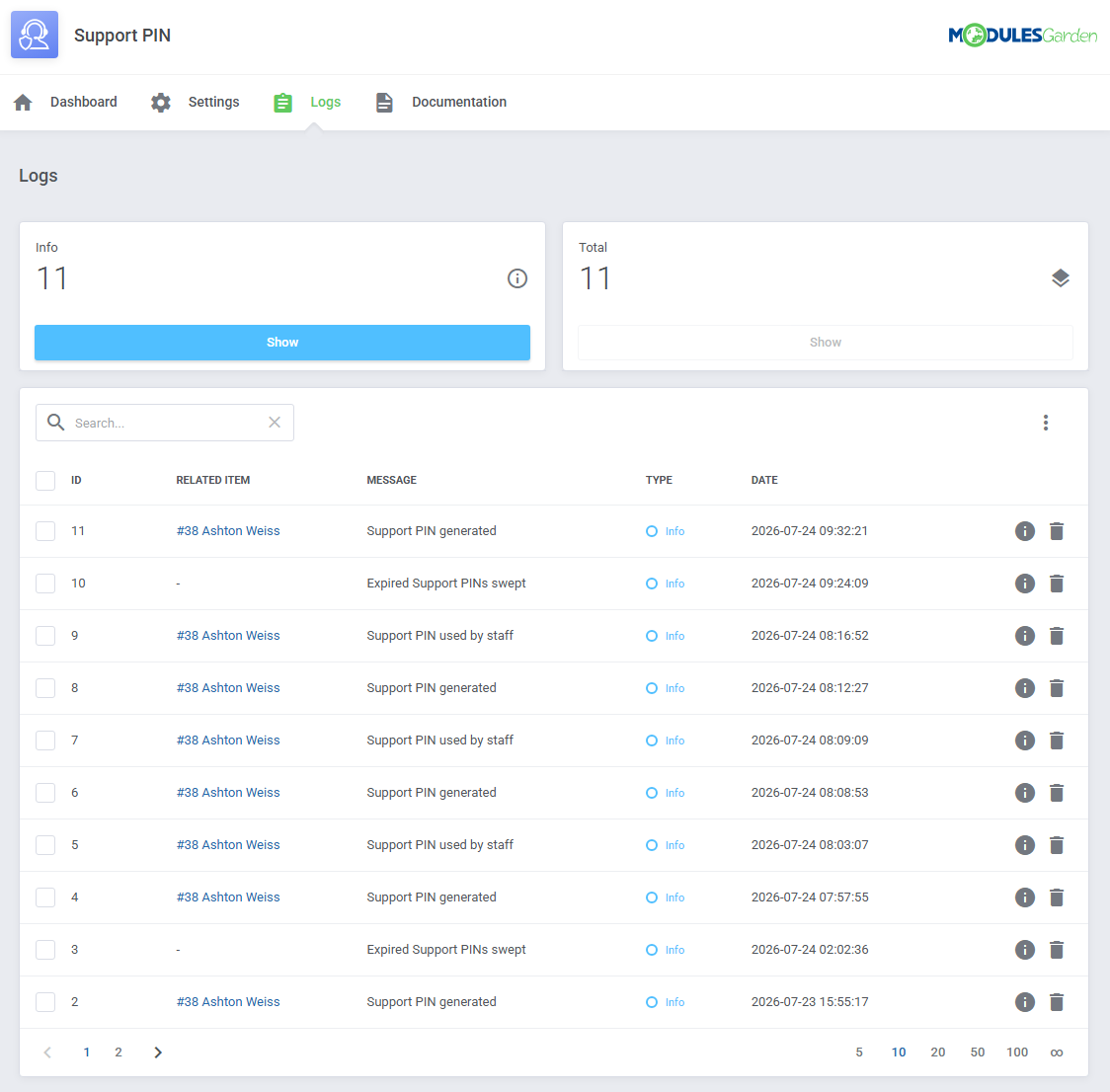 Support PIN For WHMCS: Logs page with Info and Total counters and a table of PIN events with search and delete options