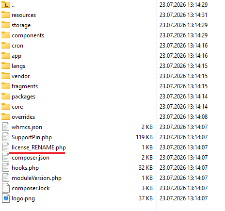 Support PIN For WHMCS: file manager with the license_RENAME.php file to be renamed to license.php