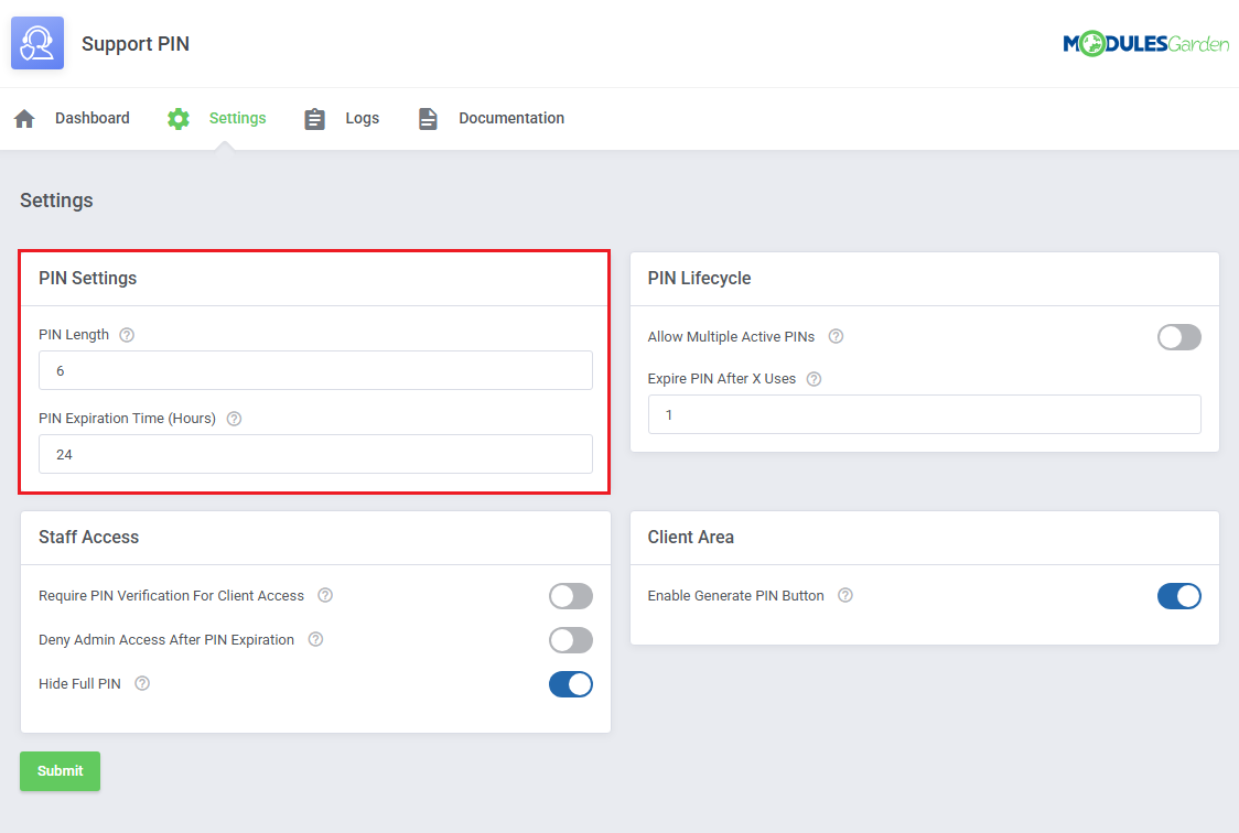 Support PIN For WHMCS: Settings page with the PIN Settings box showing PIN Length and PIN Expiration Time