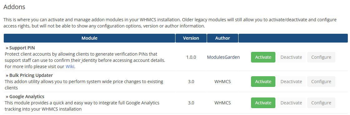 Support PIN For WHMCS: WHMCS Addons list with the Activate button next to the Support PIN module