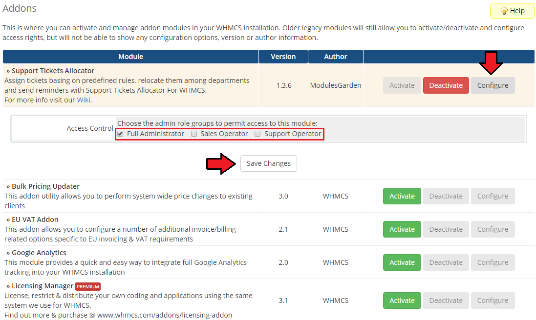 Support Tickets Allocator For WHMCS: Addon Modules Access Control with admin role groups and Save Changes