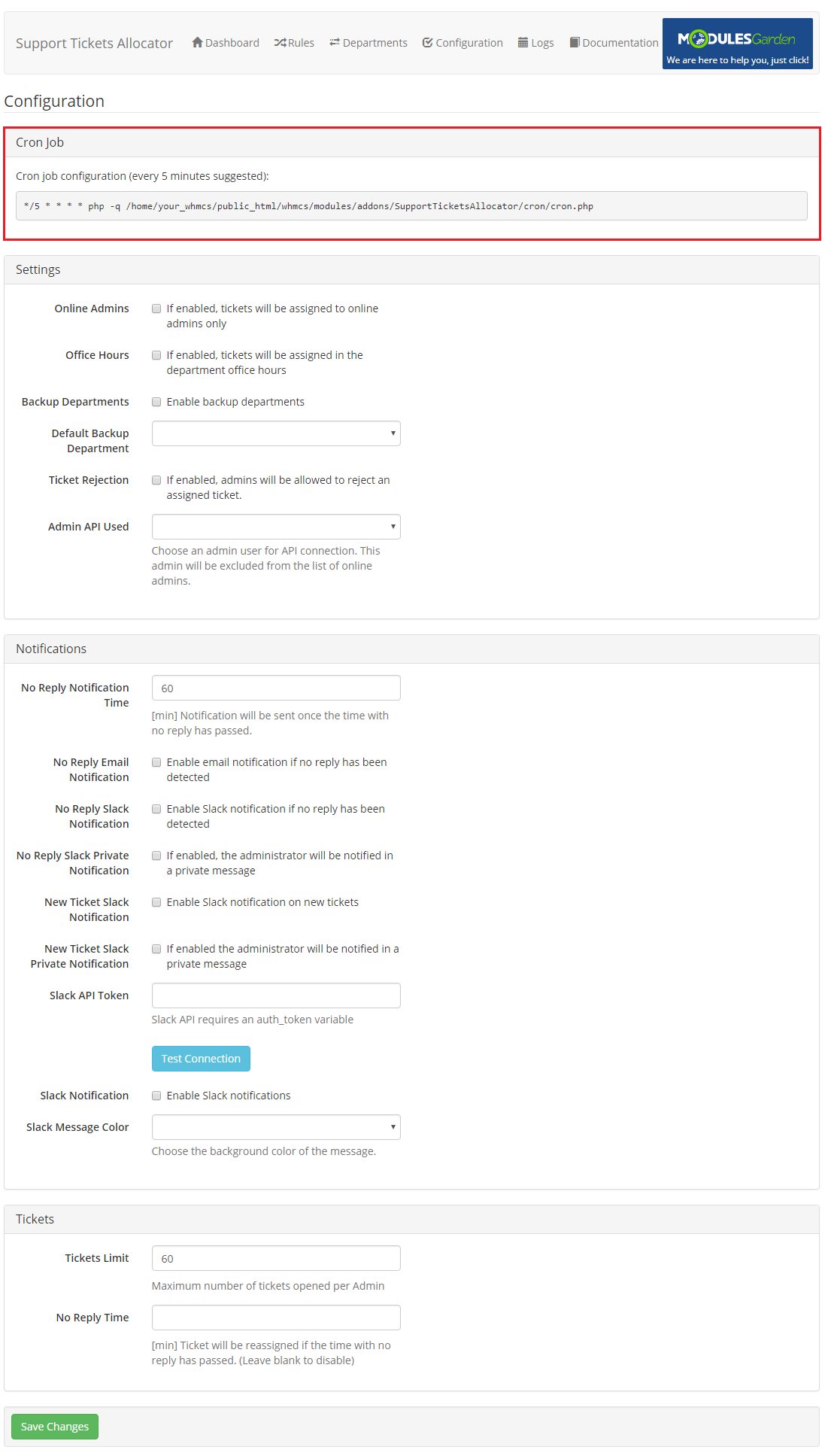 Support Tickets Allocator For WHMCS: Configuration page with the highlighted Cron Job command and settings forms