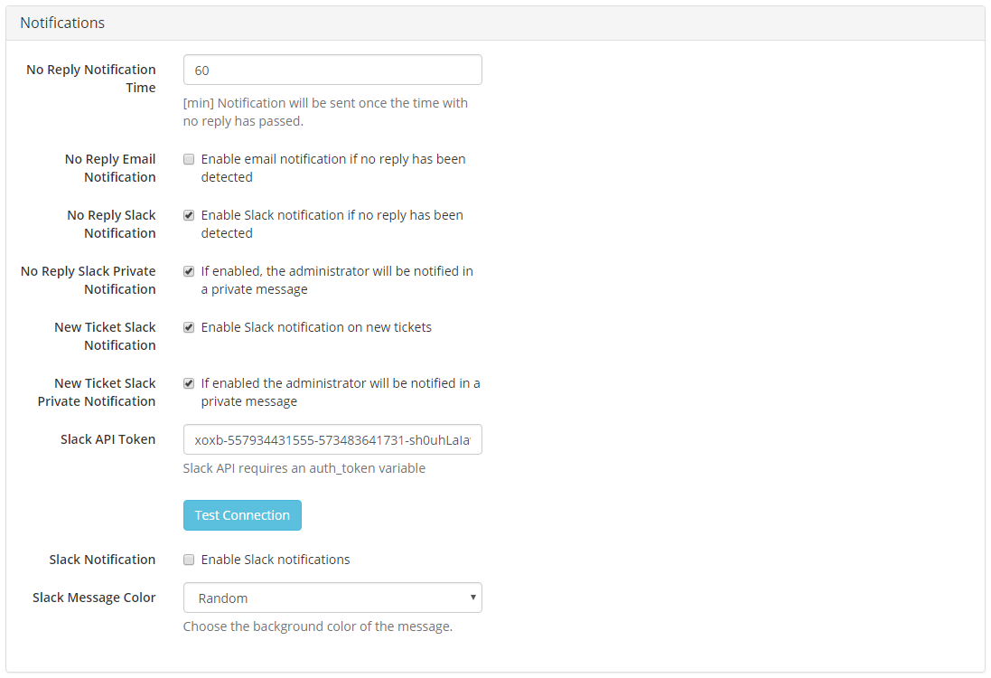 Support Tickets Allocator For WHMCS: Configuration Notifications with no reply, new ticket and Slack options