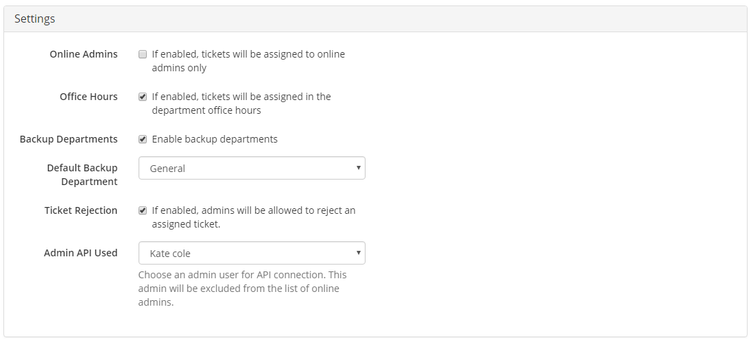 Support Tickets Allocator For WHMCS: Configuration Settings with office hours, backup departments and ticket rejection