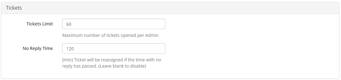 Support Tickets Allocator For WHMCS: Configuration Tickets section with the Tickets Limit and No Reply Time fields