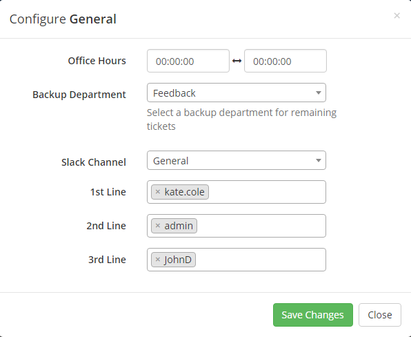Support Tickets Allocator For WHMCS: Configure department dialog with office hours, Slack channel and support lines