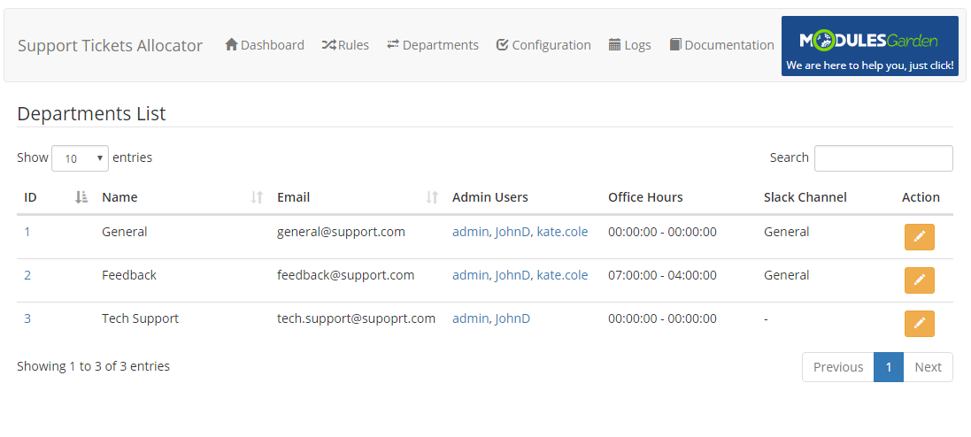 Support Tickets Allocator For WHMCS: Departments List with name, email, admin users, office hours and Slack channel