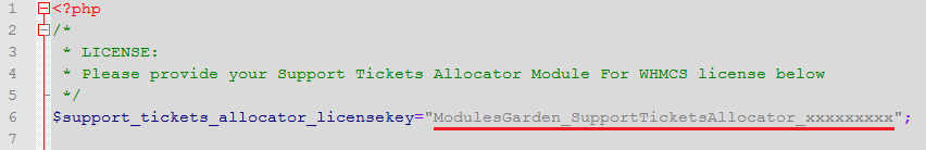 Support Tickets Allocator For WHMCS: license.php file open in an editor with the license key entered between quotation