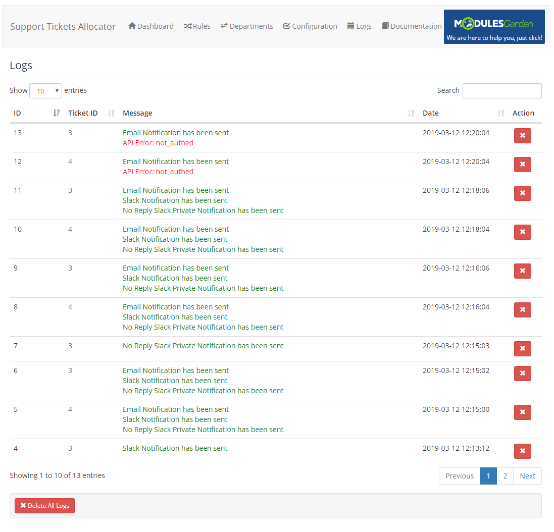 Support Tickets Allocator For WHMCS: module Logs page with a table of notification messages, dates and delete buttons