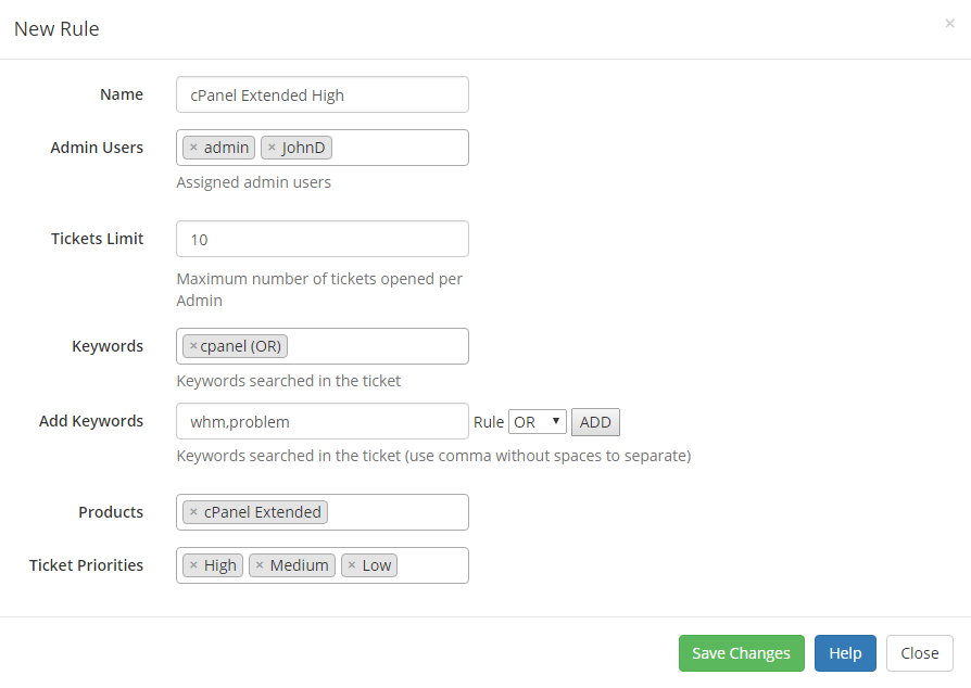 Support Tickets Allocator For WHMCS: New Rule form with admin users, ticket limit, keywords, products and priorities
