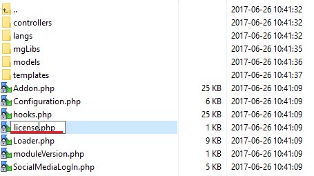Support Tickets Allocator For WHMCS: addon folder in a file manager with the license file renamed to license.php