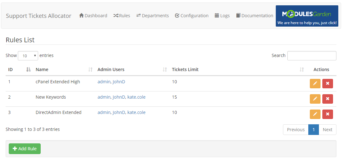 Support Tickets Allocator For WHMCS: Rules List table with admin users and ticket limits, and the Add Rule button