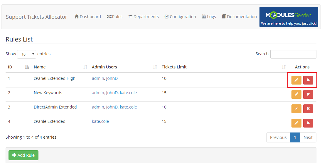 Support Tickets Allocator For WHMCS: Rules List with the highlighted edit and delete buttons for a rule