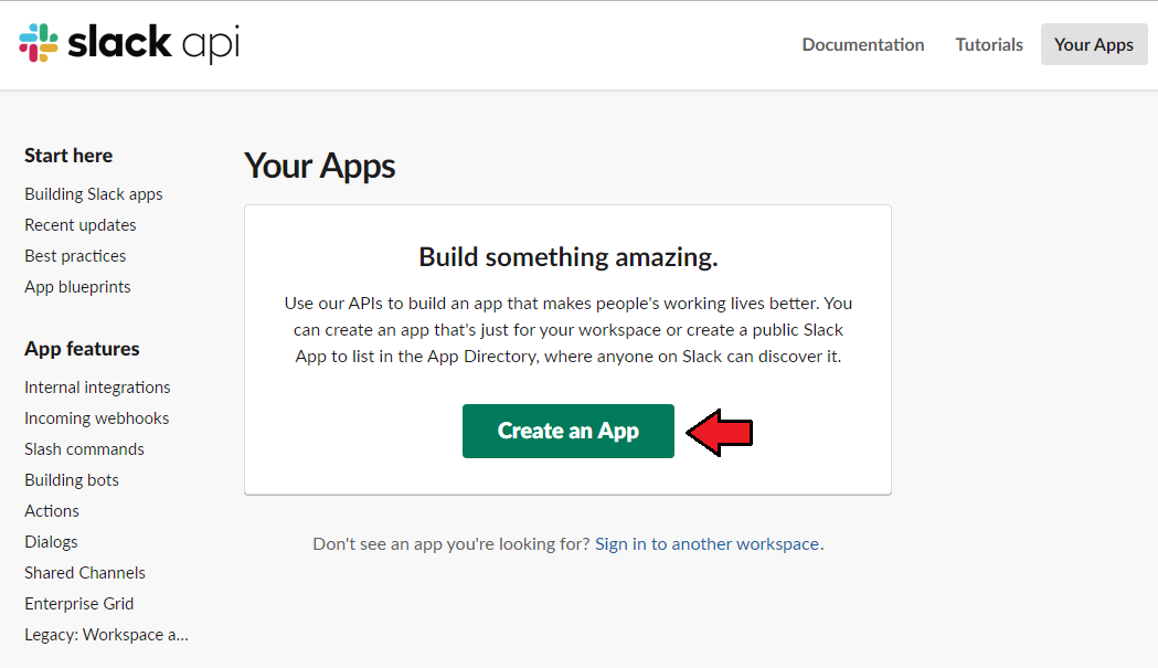Support Tickets Allocator For WHMCS: Slack API Your Apps page with the Create an App button highlighted