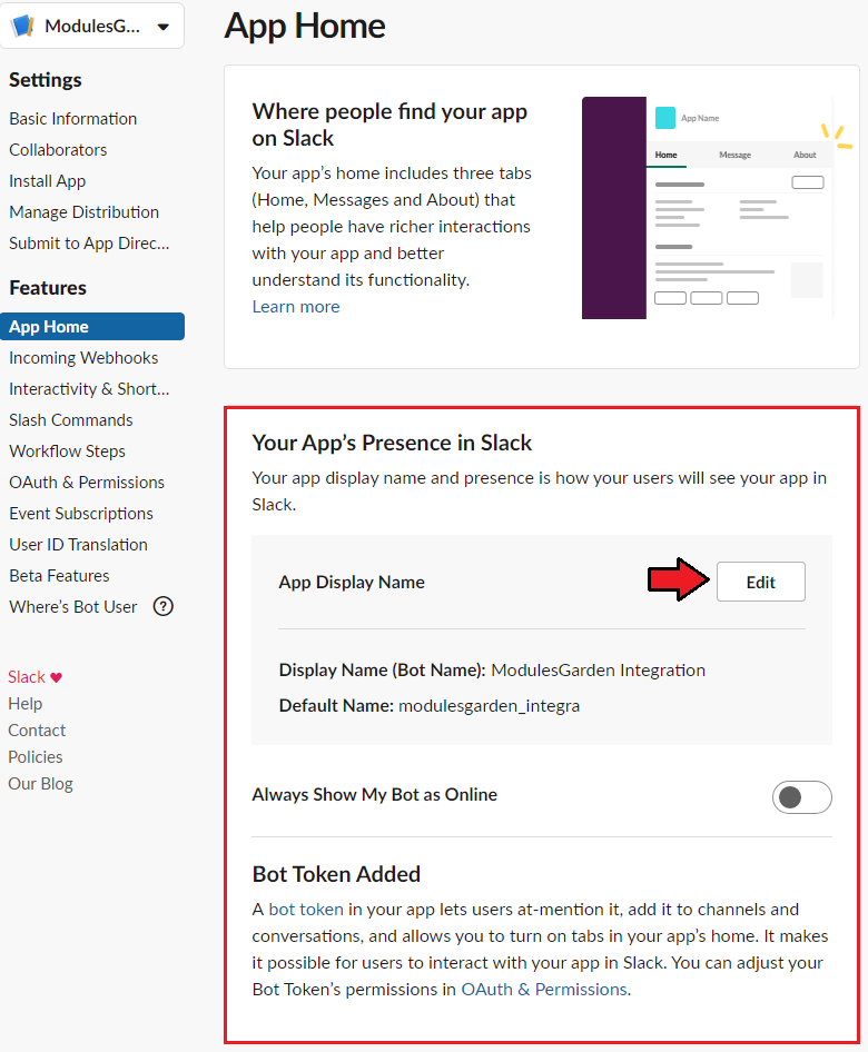Support Tickets Allocator For WHMCS: Slack App Home Your App's Presence section with the Edit button for the bot