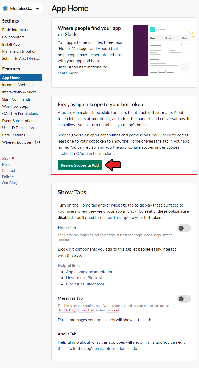 Support Tickets Allocator For WHMCS: Slack App Home page with the Review Scopes to Add button highlighted