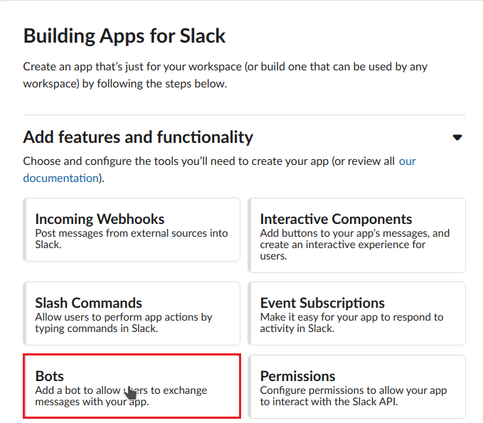 Support Tickets Allocator For WHMCS: Slack Building Apps page with the Bots tool highlighted among features and